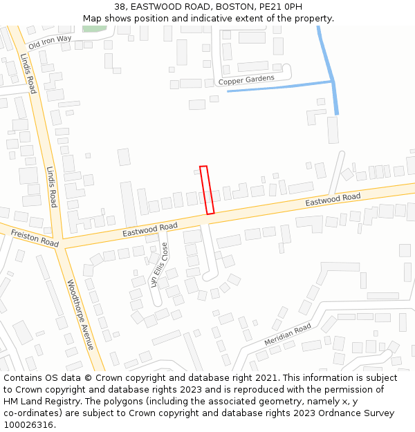 38, EASTWOOD ROAD, BOSTON, PE21 0PH: Location map and indicative extent of plot