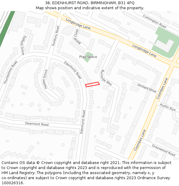 38, EDENHURST ROAD, BIRMINGHAM, B31 4PQ: Location map and indicative extent of plot