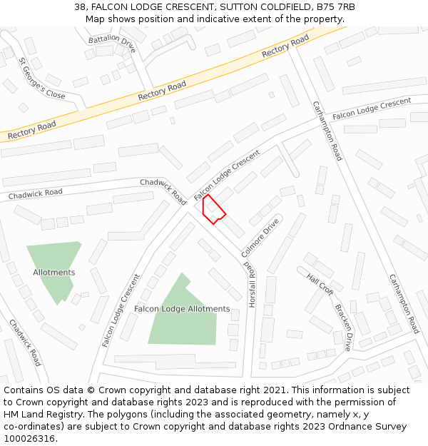 38, FALCON LODGE CRESCENT, SUTTON COLDFIELD, B75 7RB: Location map and indicative extent of plot