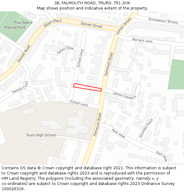 38, FALMOUTH ROAD, TRURO, TR1 2HX: Location map and indicative extent of plot