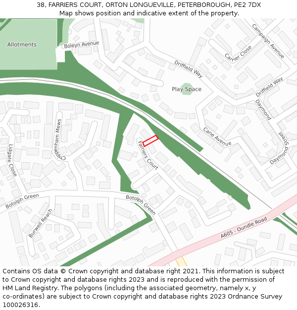 38, FARRIERS COURT, ORTON LONGUEVILLE, PETERBOROUGH, PE2 7DX: Location map and indicative extent of plot