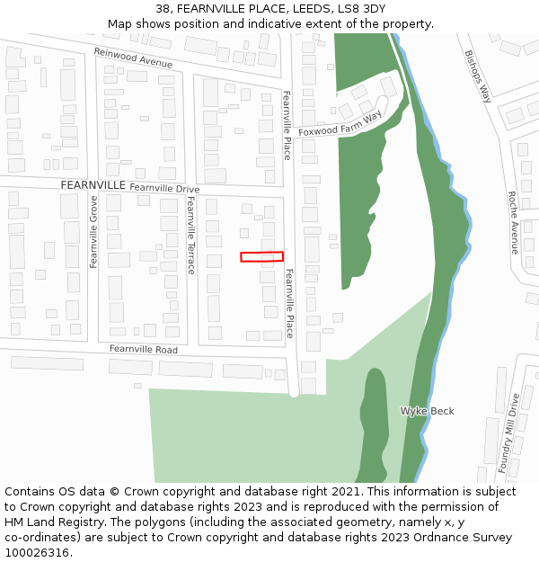 38, FEARNVILLE PLACE, LEEDS, LS8 3DY: Location map and indicative extent of plot