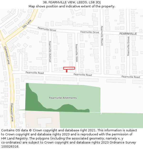 38, FEARNVILLE VIEW, LEEDS, LS8 3DJ: Location map and indicative extent of plot