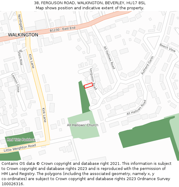 38, FERGUSON ROAD, WALKINGTON, BEVERLEY, HU17 8SL: Location map and indicative extent of plot