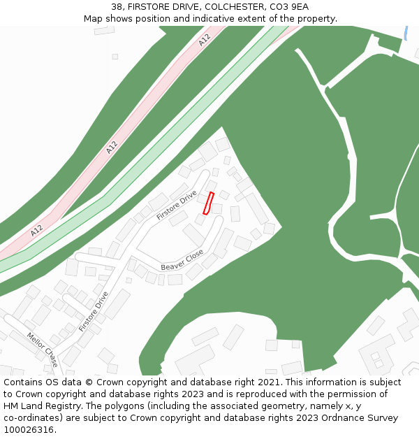 38, FIRSTORE DRIVE, COLCHESTER, CO3 9EA: Location map and indicative extent of plot