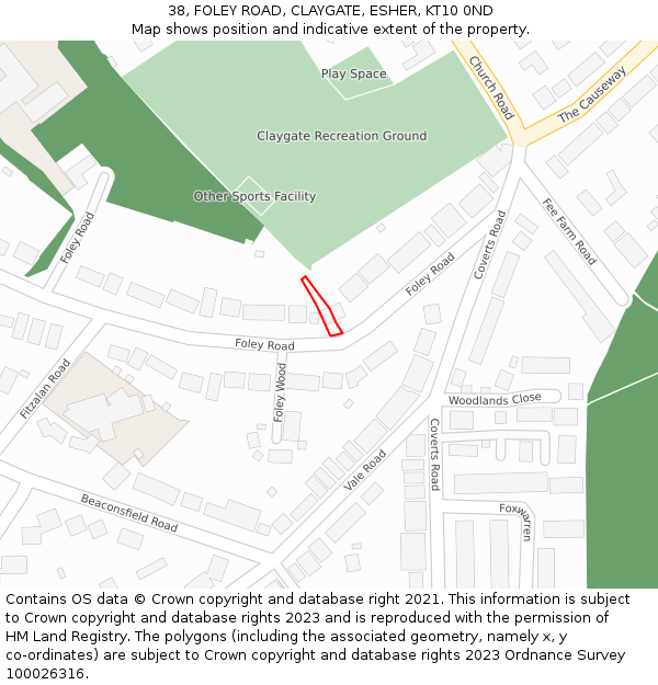 38, FOLEY ROAD, CLAYGATE, ESHER, KT10 0ND: Location map and indicative extent of plot