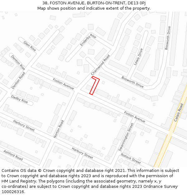 38, FOSTON AVENUE, BURTON-ON-TRENT, DE13 0PJ: Location map and indicative extent of plot