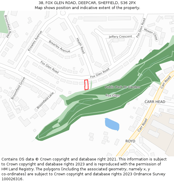 38, FOX GLEN ROAD, DEEPCAR, SHEFFIELD, S36 2PX: Location map and indicative extent of plot