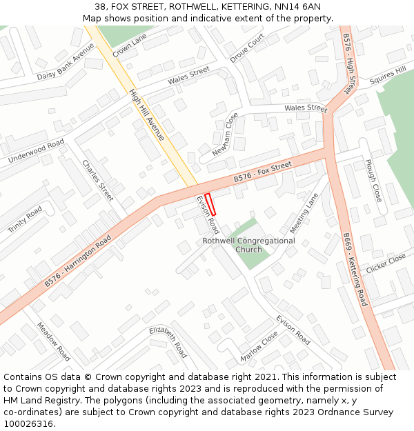 38, FOX STREET, ROTHWELL, KETTERING, NN14 6AN: Location map and indicative extent of plot