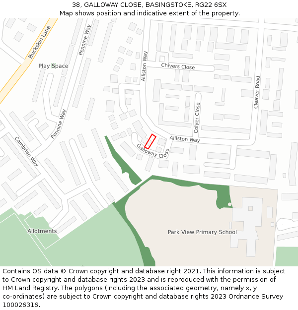 38, GALLOWAY CLOSE, BASINGSTOKE, RG22 6SX: Location map and indicative extent of plot