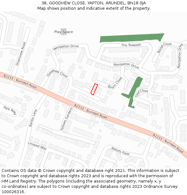38, GOODHEW CLOSE, YAPTON, ARUNDEL, BN18 0JA: Location map and indicative extent of plot