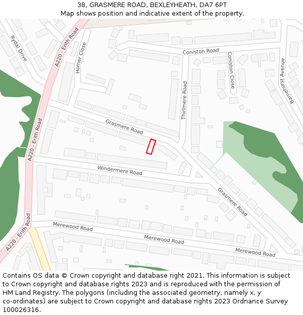 38, GRASMERE ROAD, BEXLEYHEATH, DA7 6PT: Location map and indicative extent of plot