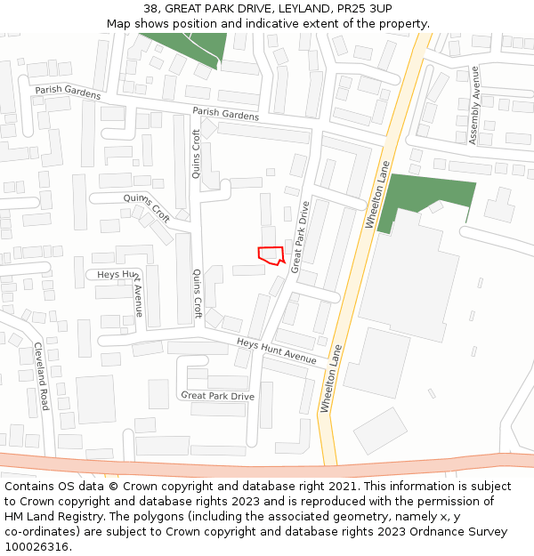 38, GREAT PARK DRIVE, LEYLAND, PR25 3UP: Location map and indicative extent of plot