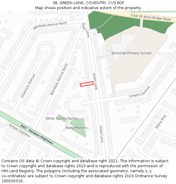38, GREEN LANE, COVENTRY, CV3 6DF: Location map and indicative extent of plot