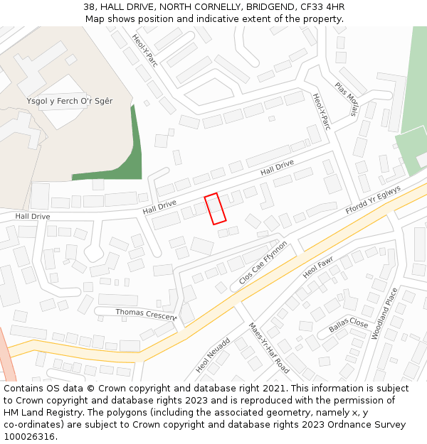 38, HALL DRIVE, NORTH CORNELLY, BRIDGEND, CF33 4HR: Location map and indicative extent of plot