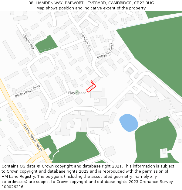 38, HAMDEN WAY, PAPWORTH EVERARD, CAMBRIDGE, CB23 3UG: Location map and indicative extent of plot
