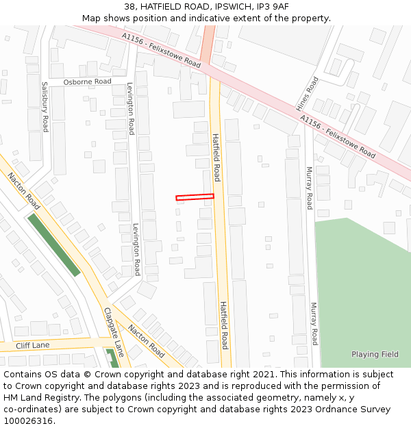38, HATFIELD ROAD, IPSWICH, IP3 9AF: Location map and indicative extent of plot