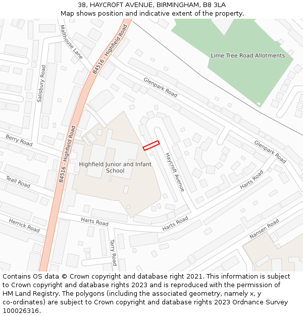 38, HAYCROFT AVENUE, BIRMINGHAM, B8 3LA: Location map and indicative extent of plot