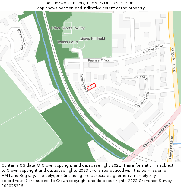 38, HAYWARD ROAD, THAMES DITTON, KT7 0BE: Location map and indicative extent of plot
