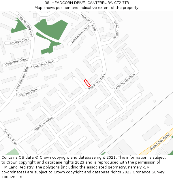38, HEADCORN DRIVE, CANTERBURY, CT2 7TR: Location map and indicative extent of plot