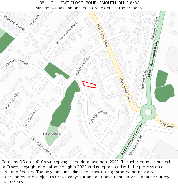 38, HIGH HOWE CLOSE, BOURNEMOUTH, BH11 8NW: Location map and indicative extent of plot