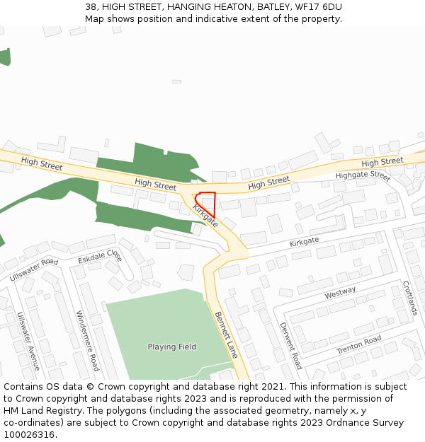 38, HIGH STREET, HANGING HEATON, BATLEY, WF17 6DU: Location map and indicative extent of plot