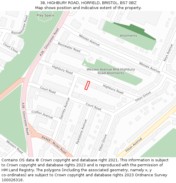 38, HIGHBURY ROAD, HORFIELD, BRISTOL, BS7 0BZ: Location map and indicative extent of plot