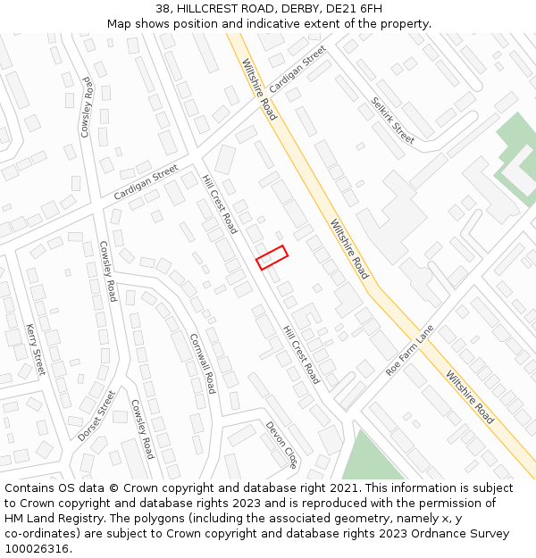 38, HILLCREST ROAD, DERBY, DE21 6FH: Location map and indicative extent of plot
