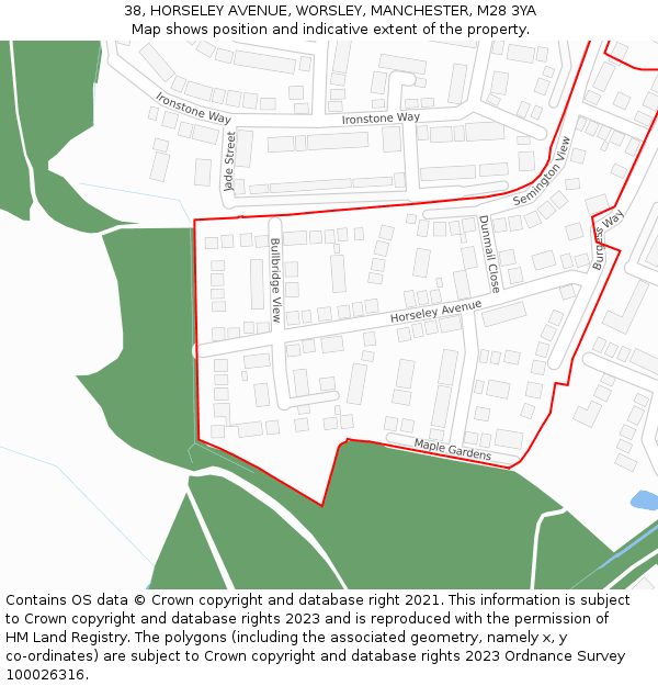 38, HORSELEY AVENUE, WORSLEY, MANCHESTER, M28 3YA: Location map and indicative extent of plot