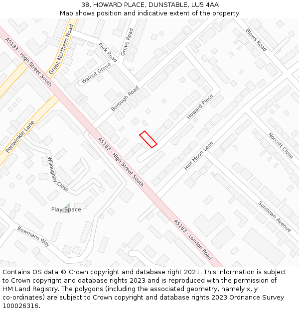 38, HOWARD PLACE, DUNSTABLE, LU5 4AA: Location map and indicative extent of plot
