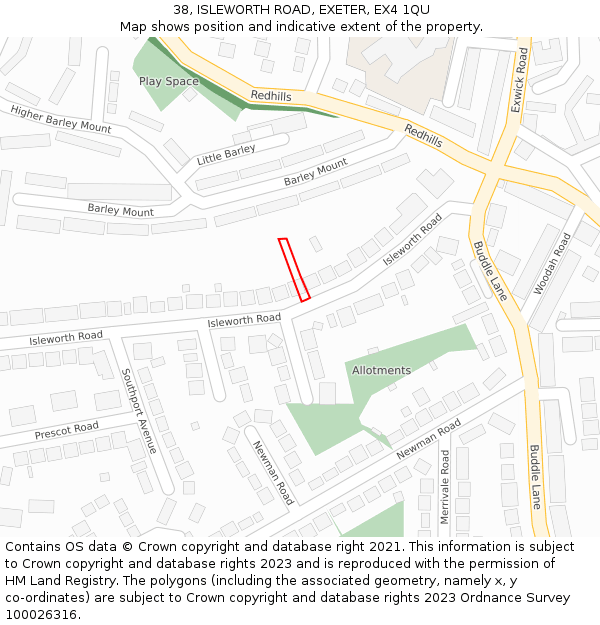 38, ISLEWORTH ROAD, EXETER, EX4 1QU: Location map and indicative extent of plot