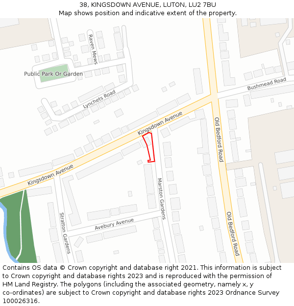 38, KINGSDOWN AVENUE, LUTON, LU2 7BU: Location map and indicative extent of plot