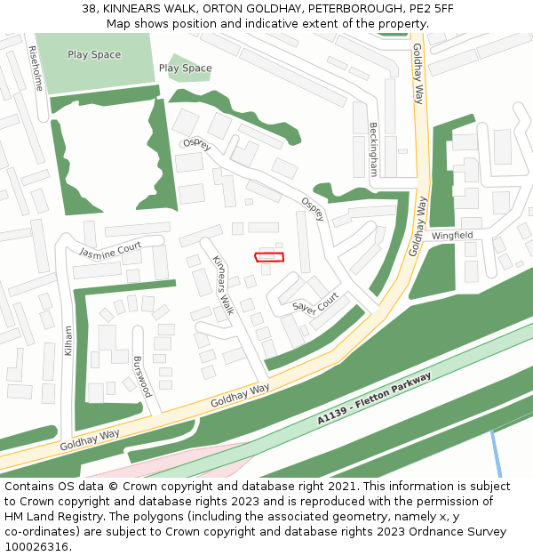 38, KINNEARS WALK, ORTON GOLDHAY, PETERBOROUGH, PE2 5FF: Location map and indicative extent of plot