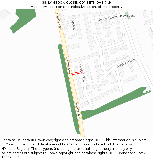 38, LANGDON CLOSE, CONSETT, DH8 7NH: Location map and indicative extent of plot