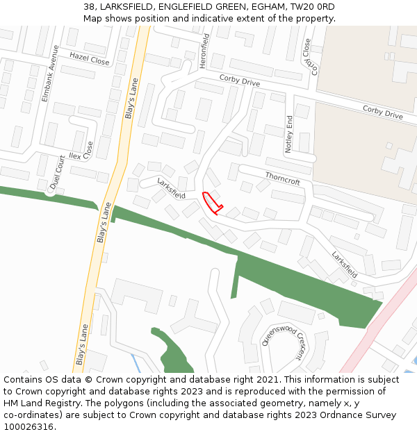 38, LARKSFIELD, ENGLEFIELD GREEN, EGHAM, TW20 0RD: Location map and indicative extent of plot