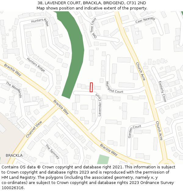 38, LAVENDER COURT, BRACKLA, BRIDGEND, CF31 2ND: Location map and indicative extent of plot