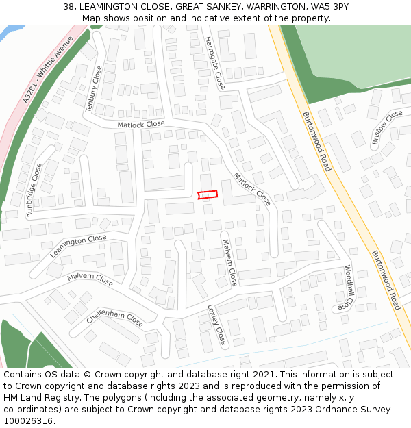 38, LEAMINGTON CLOSE, GREAT SANKEY, WARRINGTON, WA5 3PY: Location map and indicative extent of plot