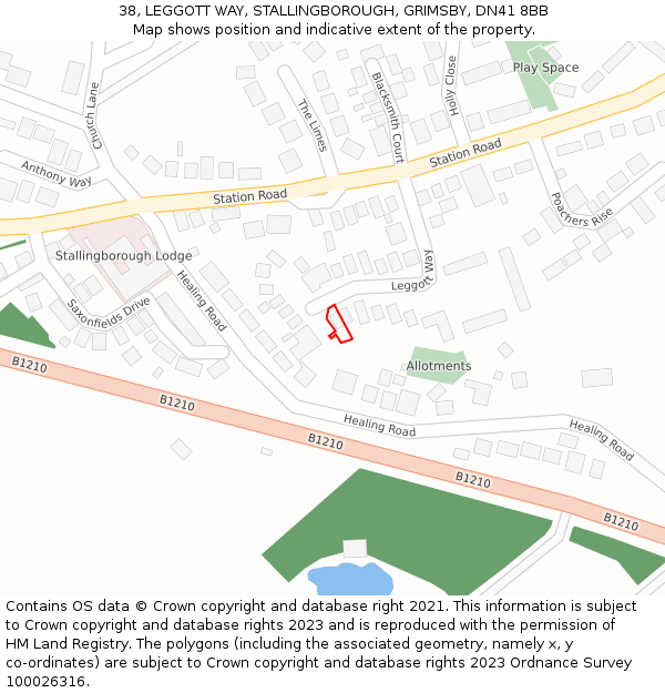 38, LEGGOTT WAY, STALLINGBOROUGH, GRIMSBY, DN41 8BB: Location map and indicative extent of plot
