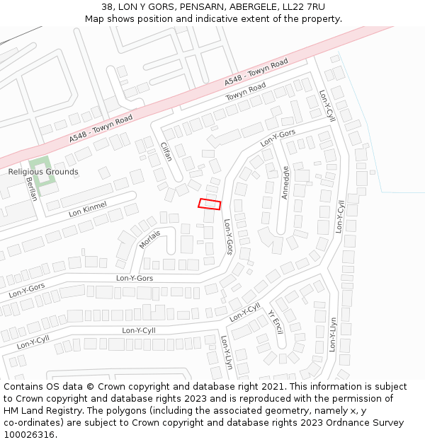 38, LON Y GORS, PENSARN, ABERGELE, LL22 7RU: Location map and indicative extent of plot