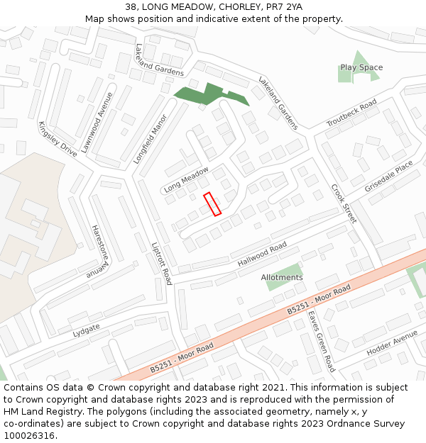 38, LONG MEADOW, CHORLEY, PR7 2YA: Location map and indicative extent of plot