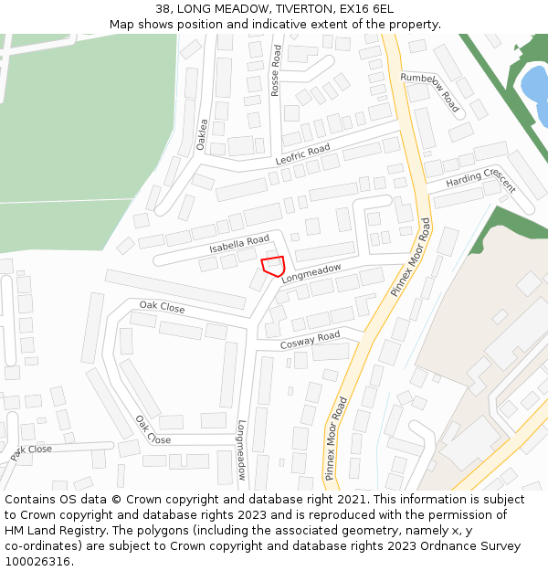 38, LONG MEADOW, TIVERTON, EX16 6EL: Location map and indicative extent of plot