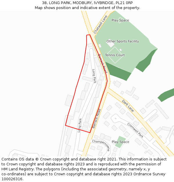 38, LONG PARK, MODBURY, IVYBRIDGE, PL21 0RP: Location map and indicative extent of plot