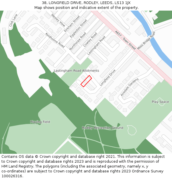 38, LONGFIELD DRIVE, RODLEY, LEEDS, LS13 1JX: Location map and indicative extent of plot