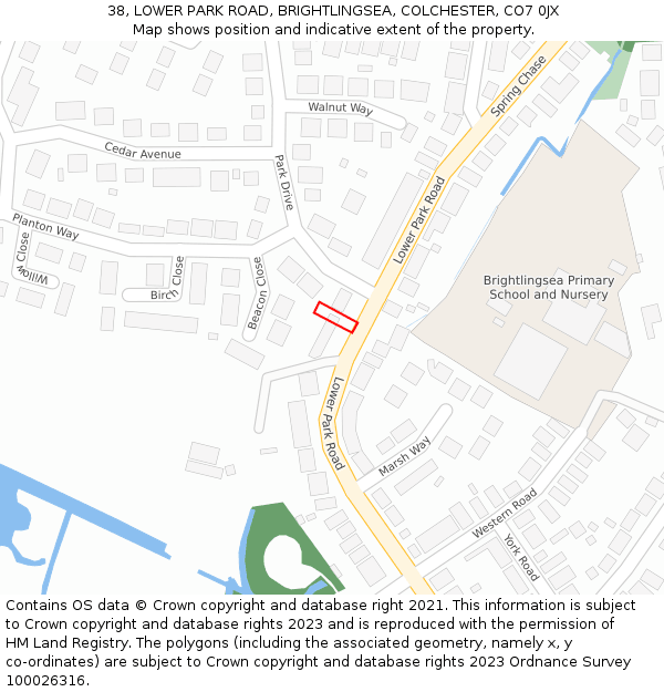 38, LOWER PARK ROAD, BRIGHTLINGSEA, COLCHESTER, CO7 0JX: Location map and indicative extent of plot