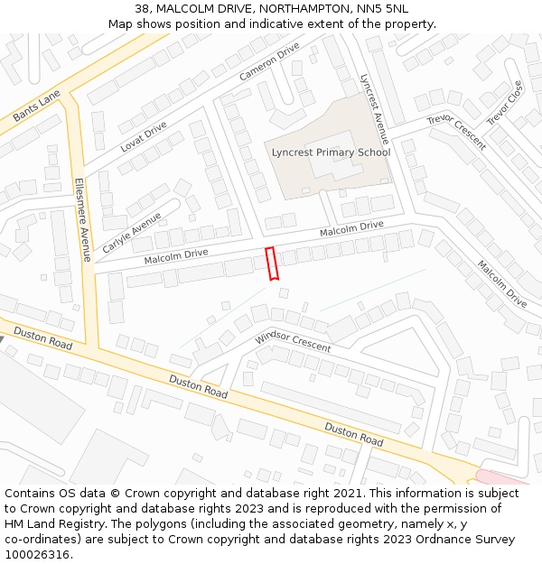 38, MALCOLM DRIVE, NORTHAMPTON, NN5 5NL: Location map and indicative extent of plot