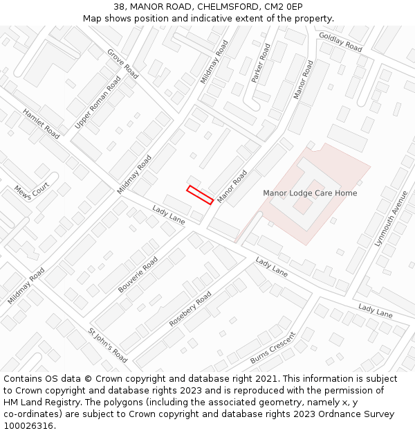 38, MANOR ROAD, CHELMSFORD, CM2 0EP: Location map and indicative extent of plot