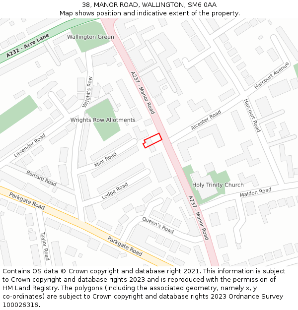 38, MANOR ROAD, WALLINGTON, SM6 0AA: Location map and indicative extent of plot