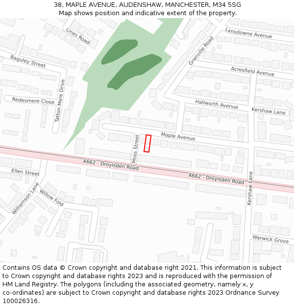 38, MAPLE AVENUE, AUDENSHAW, MANCHESTER, M34 5SG: Location map and indicative extent of plot