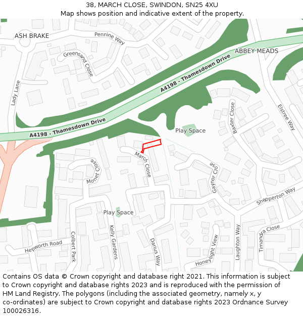 38, MARCH CLOSE, SWINDON, SN25 4XU: Location map and indicative extent of plot