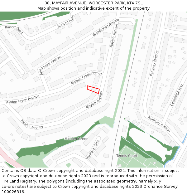 38, MAYFAIR AVENUE, WORCESTER PARK, KT4 7SL: Location map and indicative extent of plot